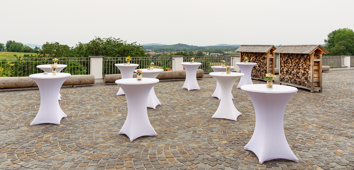 Sektempfang mit Blick auf den Bodensee im Innenhof vom Auto & Traktor Museum